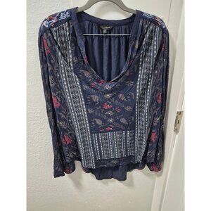 Lucky Brand Womens L/G Boho Style Navy Floral Geometric Bell-Long Sleeve Top